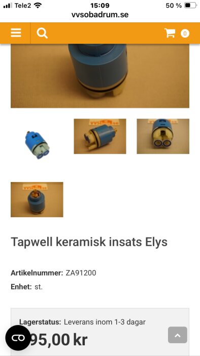 Tapwell keramisk insats Elys 040 i närbild, visa flera vinklar på insatsen, anges med artikelnummer ZA91200 från vvsobadrum.se.
