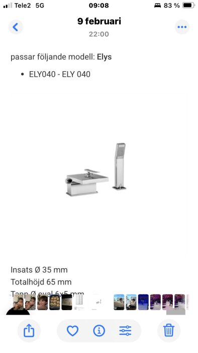 Tapwell Elys kraninsats och handdusch, måttspecifikationer och kompatibilitet med Elys-modellen visas.