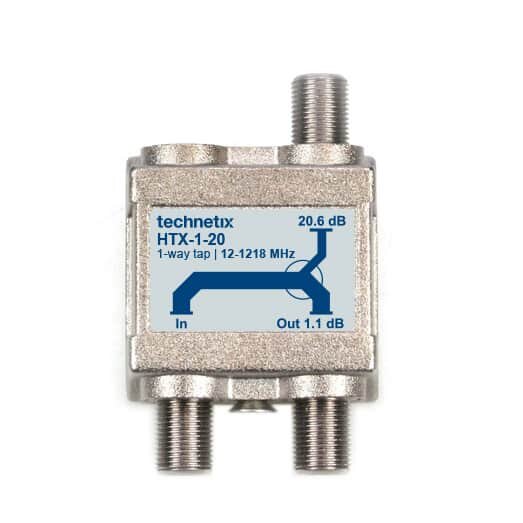 Koaxialkabels TAP-enhet med tre anslutningar. Märkt Technetix HTX-1-20, 12-1218 MHz, 20.6 dB. Används för kabel-TV-nätverk.