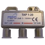 Coaxial kabelsplitt med 1-vägs TAP, 20dB signalreduktion, används i kabel-TV-nät för att dela upp signaler.