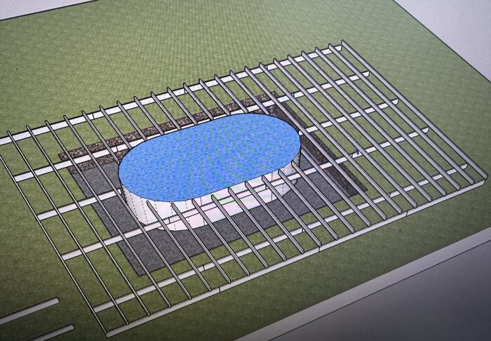 Ritning av ett pooldäck med bärreglar runt en oval pool. Trädäcket planeras ovan mark med strukturen tydlig.