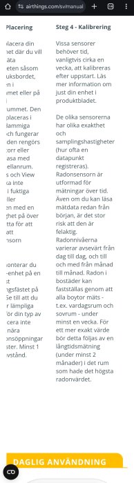 Skärmdump från Airthings manual om placering och kalibrering av sensorer, med steg och instruktioner för att mäta radon i hemmet.