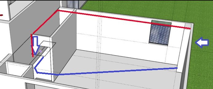 Diagram över byggnad med två rör: ett rött rör från fasadmätarskåp till vägg och ett blått rör troligen markeras som en alternativ ledning.