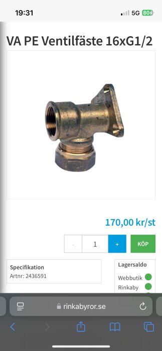 Ventilfäste VA PE 16xG1/2 i mässing, visas från sidan mot vit bakgrund. Används för VVS-installationer. Artikelnummer: 2436591.