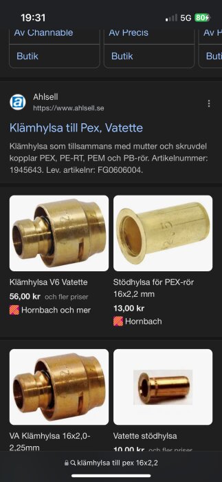 Bild av klämhylsa och stödhylsa för PEX-rör. Text beskriver användning med mutter och skruv, från varumärket Ahlsell.