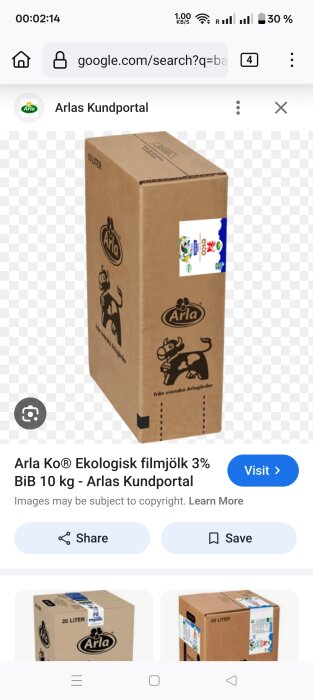 En stor bag-in-box med 10 liter ekologisk filmjölk från Arla, avsedd för större hushåll eller storförbrukare.