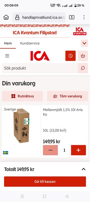 Webbsida från ICA Kvantum Filipstad som visar en varukorg med 10L Arla mellanmjölk för 149,95 kr.