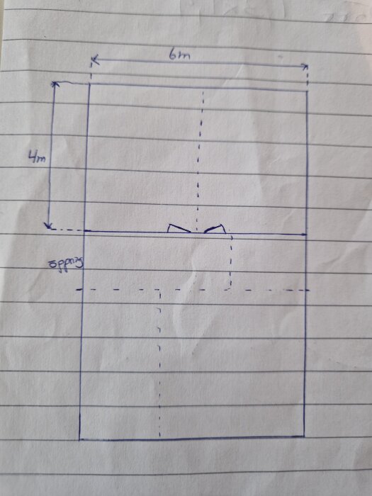 Pappersskiss av byggprojekt som visar en yta på 6x4 meter uppdelad i sektioner med streckade linjer och en öppning på skissen.