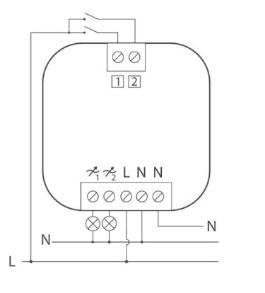 Diagram över inkoppling av Plejd DIM-02-modul med anslutningar till lampor och nätverk, visar utgångar 1 och 2 samt kopplingar till L och N.