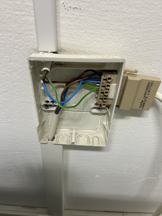 Öppen kopplingsdosa med flera kablar, inklusive gröna, blå och bruna, anslutna till en rad av terminaler vid en vägginstallation.