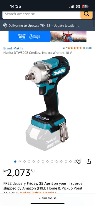 Makita DTW300Z sladdlös mutterdragare, blå och svart, på en onlinebutikssida med pris och leveransinformation.