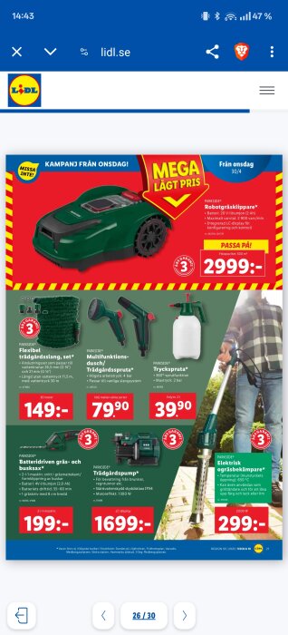 Reklamblad från Lidl med robotgräsklippare för 2999 kr och olika trädgårdsverktyg, inklusive elektrisk ogräsbrännare för 299 kr.