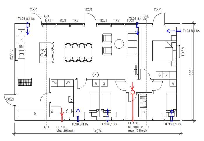 Planskiss av fritidshus med markering för tilluftsventiler och frånluftsfläktar. Skalan visar mått och flödesschemat inkluderar kök, vardagsrum och sovrum.