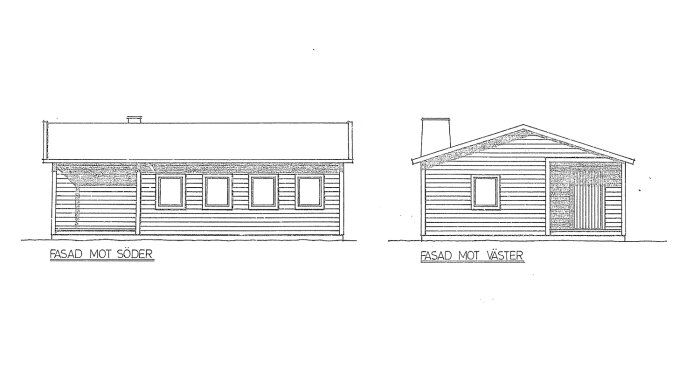 Ritning av fritidshus med fasader mot söder och väster, visande fönster och dörrplaceringar.