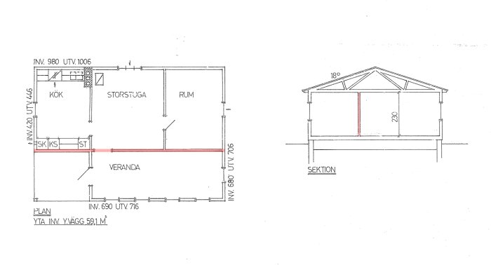 Planritning och sektionsskiss av fritidshus med markerad bärande vägg och takstol, visar borttagen väggdel och underdimensionerad regel.