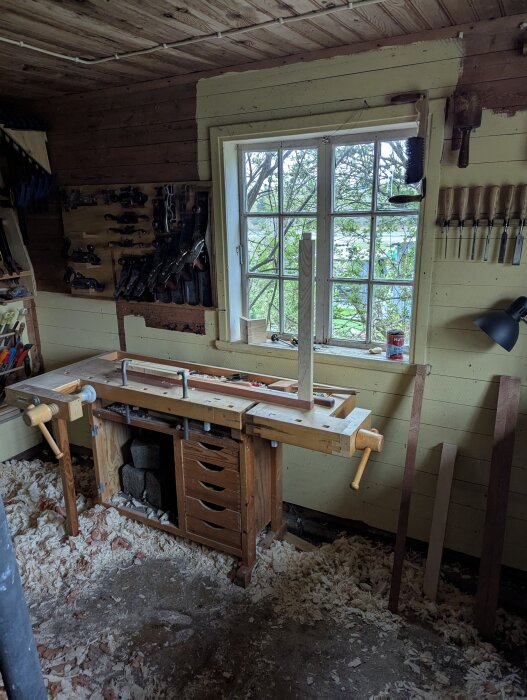 Arbetsbänk i snickarverkstad med verktyg på väggarna, fönster med utsikt över trädgård, och träspån på golvet.