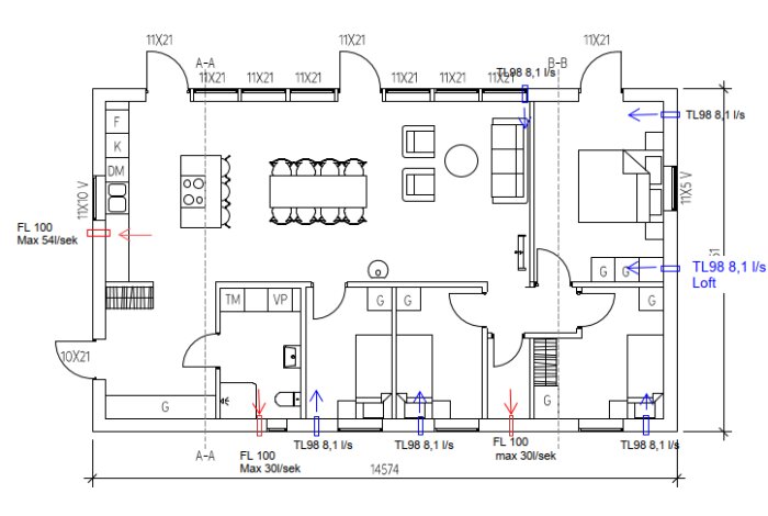 Planritning av hus med kök, matplats och flera rum. Markeringar för luftflöde anges med siffror som TL98 8,1 l/s och FL 100 Max 30l/sek.