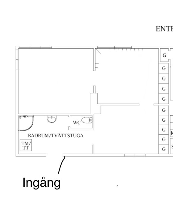 Planlösning med ingång, badrum/tvättstuga och WC markerat.