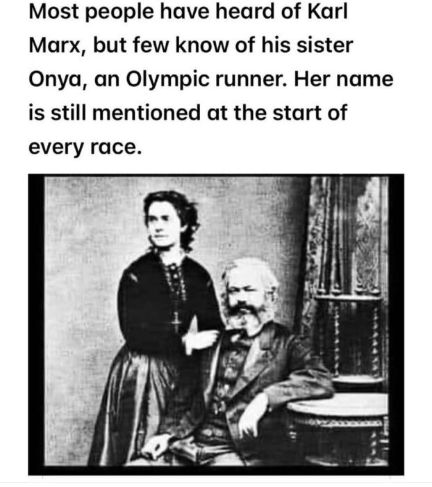 Vintagefoto av en man och en kvinna i formell klädsel, text ovan med skämtsam referens till Karl Marx och hans "syster Onya".
