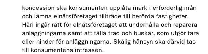 Text om konsumentens skyldighet att ge elnätsföretag tillträde för underhåll och trädfällning för säkerhetsåtgärder.