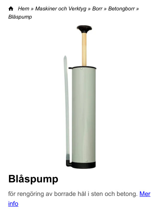 Blåspump för rengöring av borrade hål i sten och betong, alternativ till tryckluft eller handpump.