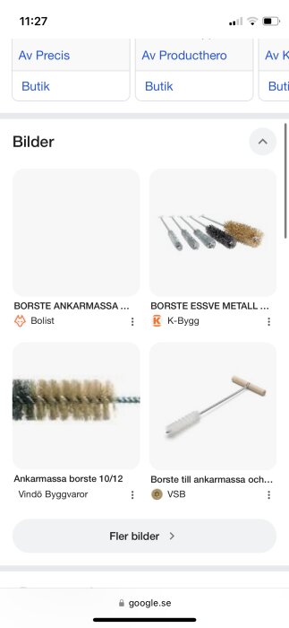 Bilder av olika typer av borstar för ankarmassa, inklusive Essve metallborstar och borstar med trähandtag, från olika bygghandlare.