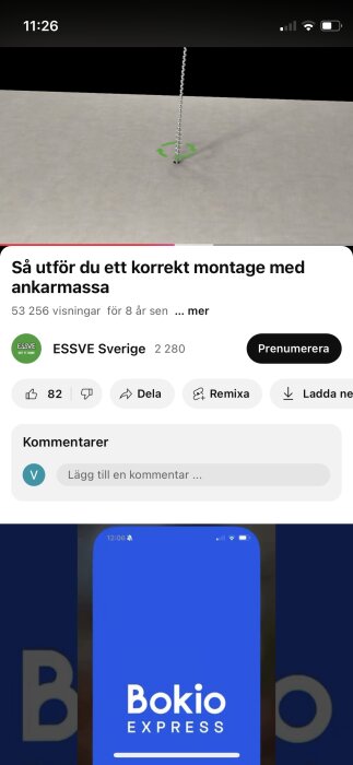 Skruv monterad i en plan yta med instruktion för korrekt montage med ankarmassa visas.