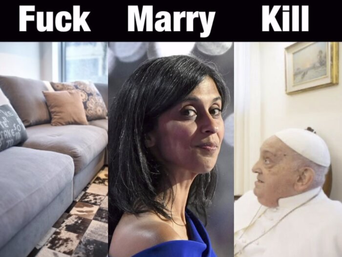 En bild med tre delar under texterna "Fuck," "Marry," och "Kill," och visar en soffa, en kvinna, och en man i religiös klädsel.