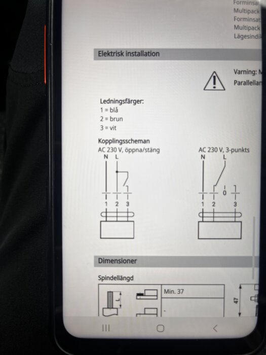 Elektrisk installationsmanual för Belimo LM230A med kopplingsschema och ledningsfärger för AC 230 V öppna/stäng och 3-punktskopplingar.