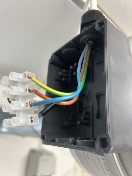 Elektrisk anslutningsbox med flera färgade ledningar, varav en har en exponerad koppartråd, införda i en kopplingslist.