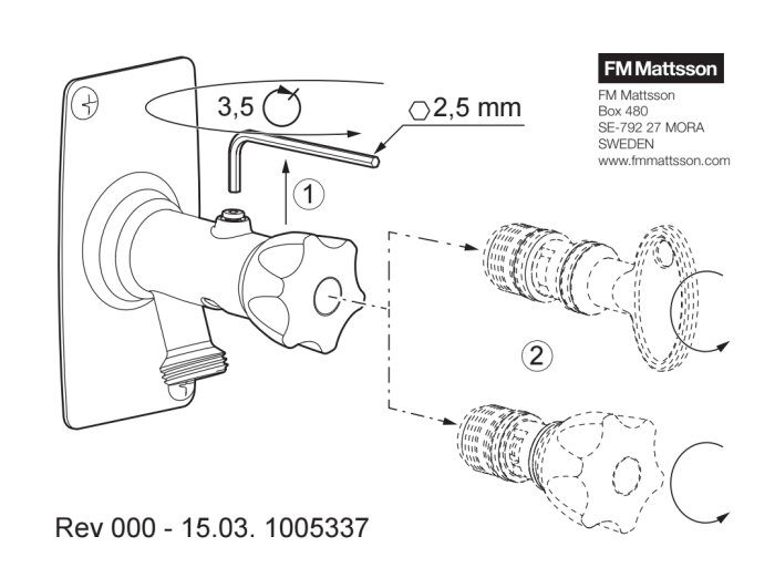 Illustration av ventil och krankäglainstruktion från FM Mattsson, inklusive mått för skruv och åtdragningsinstruktioner.