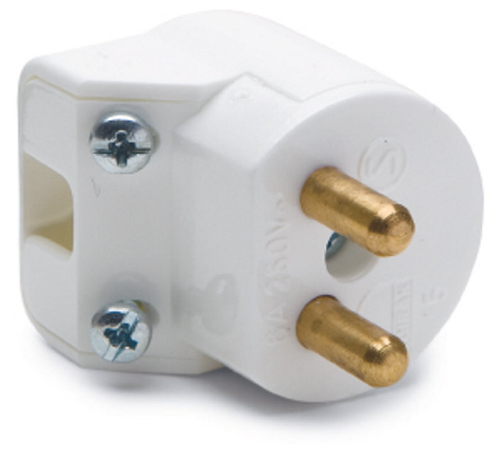 2-polig ojordad lamppropp i vit plast med två metallpinnar och skruvar, används för lampinstallationer.