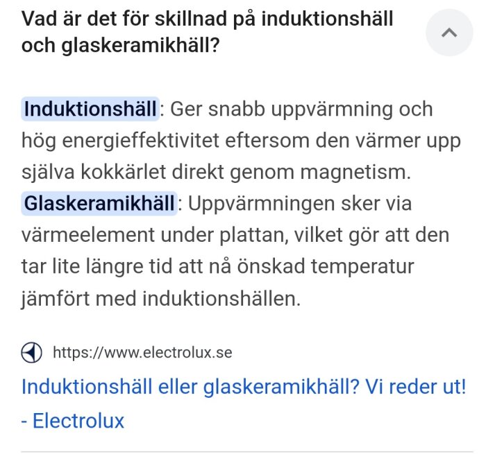 Skillnader mellan induktionshäll och glaskeramikhäll beskrivs i text från Electrolux, med fokus på uppvärmning och energieffektivitet.