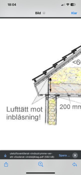 Illustration av vindsinredning med fokus på isolation och ventilationshål, texten "Lufttätt mot inblåsning!" finns också på bilden.