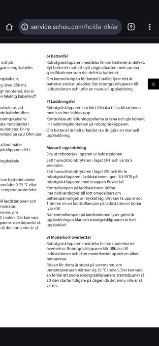 Bild av en manual som beskriver åtgärder vid batterifel och laddningsfel hos en robotgräsklippare samt problem med överhettning av moderkort.