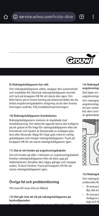 Instruktionssida från en robotgräsklipparmanual med sektioner om vanliga problem som tipprisk, överbelastning och hinder på avgränsningskabeln.
