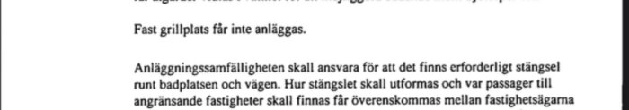 Text om förbud mot att anlägga fast grillplats och regler om stängsel vid badplats.