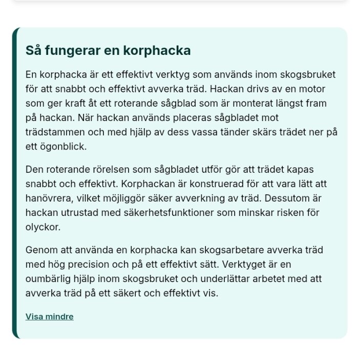Textbild som beskriver hur en korphacka fungerar, med fokus på dess användning i skogsbruk för effektiv avverkning.