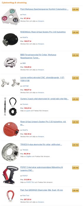 En lista över cykelverktyg och utrustning med priser från Amazon, inklusive ekernycklar och ekerspännare.