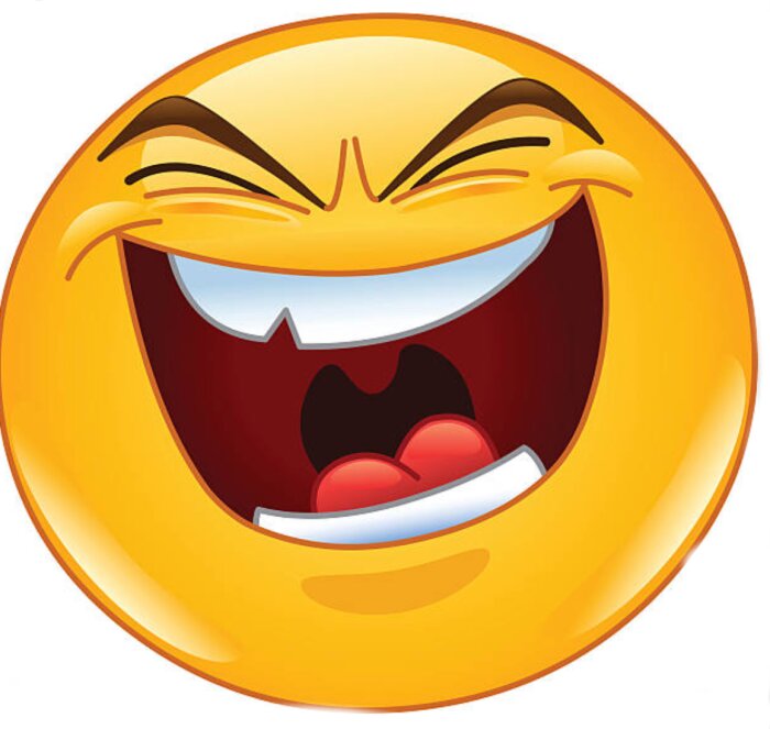 Gul emoji skrattar hjärtligt med slutna ögon och bred mun.