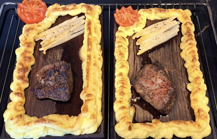Två plankor med pepparbiff, sparris, gratinering och tomat ovanpå.