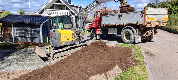 Grävmaskin och lastbil arbetar i en trädgård framför ett grått hus. Jord tippas på marken för återställning.