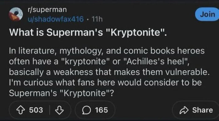 Diskussionsinlägg med frågan "What is Superman's 'Kryptonite'" och en förklaring om hjältars svaga punkter i litteratur och serier.