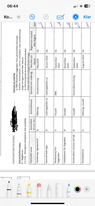 Kontrollplan för attefallsutbyggnad, med kolumner för kontrollant, kontrollmetod, åtgärd och datum. Text och rutnät syns tydligt.