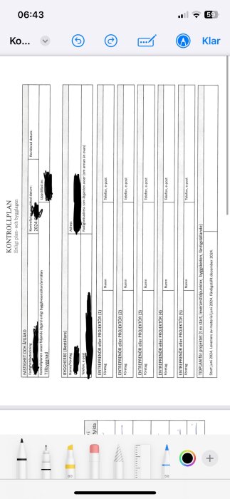 En kontrollplan enligt plan- och bygglagen med ifyllda fält, inklusive fastighetsbeteckning, byggherre, entreprenörer och tidsplan för projektet.