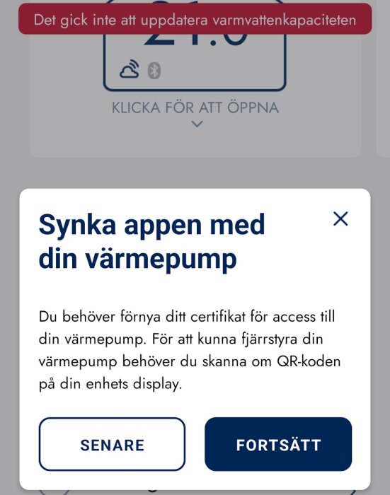 Felmeddelande i app som säger "Det gick inte att uppdatera varmvattenkapaciteten" och uppmaning att synka appen med värmepumpen.
