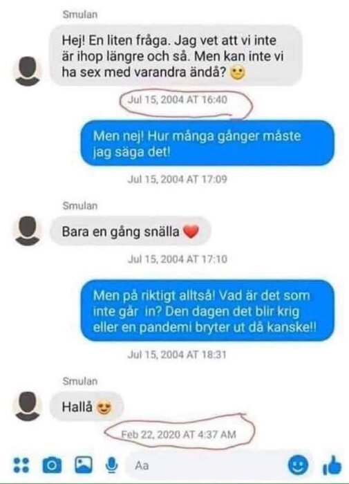Skärmdump av konversation mellan två personer i en chattapp, med inringade datum från 2004 och 2020.