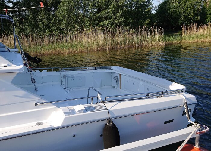 Aktern på en Bertram 28 Flybridge Cruiser med plats för bänk, sedd vid en brygga mot vass och skog.