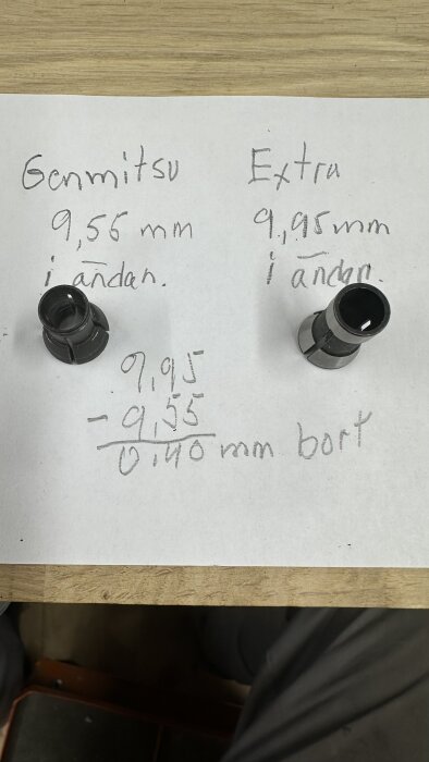Två hylsor på ett papper med anteckningar om deras diametrar, 9,55 mm och 9,95 mm, samt en beräkning av skillnaden på 0,40 mm.