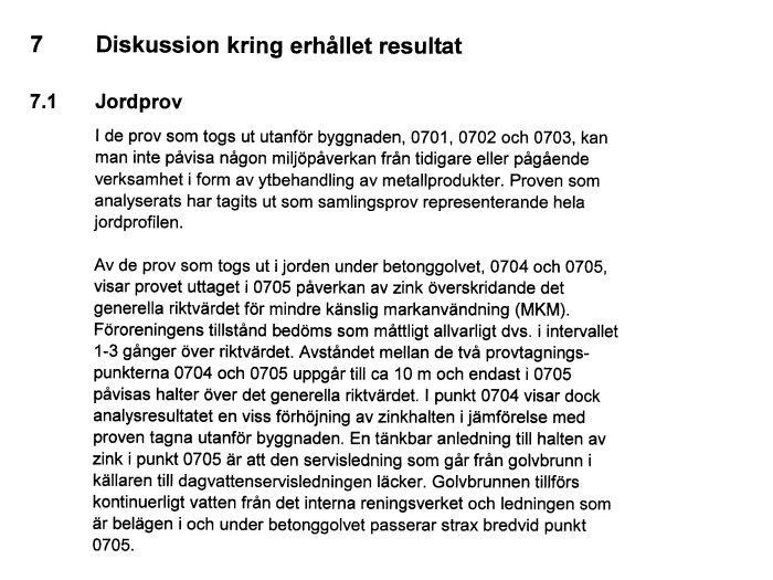 Text om resultaten av jordprov relaterade till zinkföroreningar och påverkan på miljön nära en fastighet.